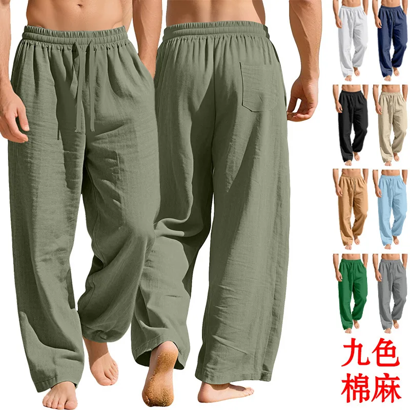 

Men's Linen Loose Casual Sports Trousers Pocket Tether Solid Color Trendy Business Trousers Mens Pants Cargo Pants Men Clothing