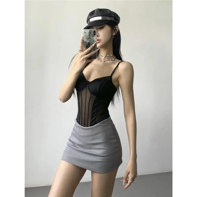 Pure Desire Women's Slim Fit Tank Top with Chest Pad Strap Vest Sexy Backless Mesh One-Piece Inner Wear Summer Fashion