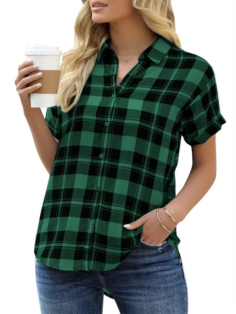 Spring And Summer Commuter Casual Women\'s Short Sleeve Blouse Lapel Button Down Shirt Plaid Printed Women\'s Short Sleeve Shirt