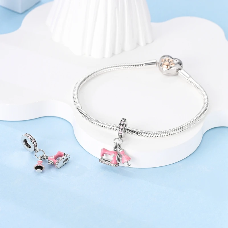 925 Sterling Silver Sewing Machine Dress Charms Pendant Fit Pandora 925 Original Bracelets DIY Jewelry