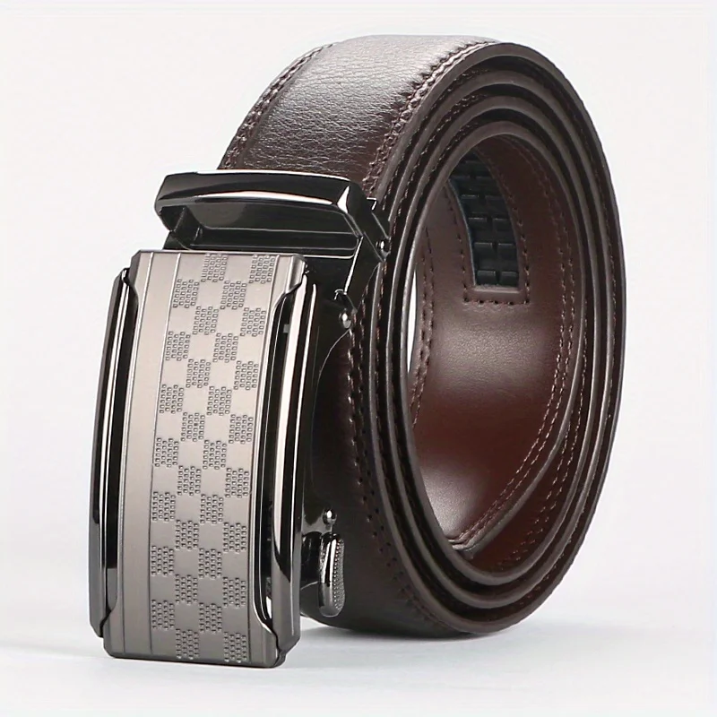 Business Men\'s Automatic Buckle Cowhide Belt, Ratchet Dress Belt, Genuine Leather Cowhide Men\'s Belt