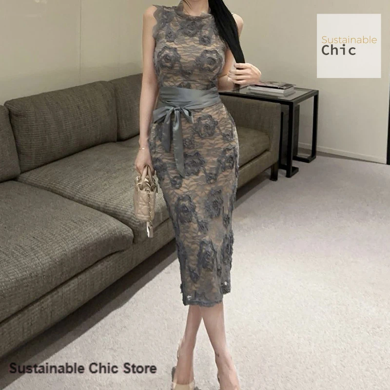 

French gentle temperament lace micro-penetrating sleeveless dress women's spring and autumn new fashion hip-wrapped dress
