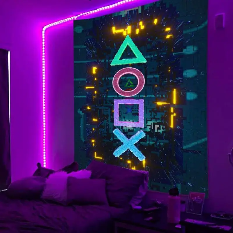 VIKAMA Black Light Dazzling Gaming Glyphs Triangle Circle Square Cross UV Active Tapestry Gamer Wall Decor Soft Durable Cozy
