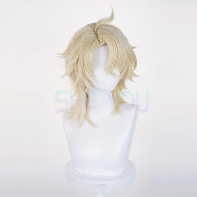 Pelucas de Cosplay Varka, pelucas doradas claras de 35cm para hombres, peluca de Cosplay de Anime, pelo sintético resistente al calor para Halloween + gorro de peluca