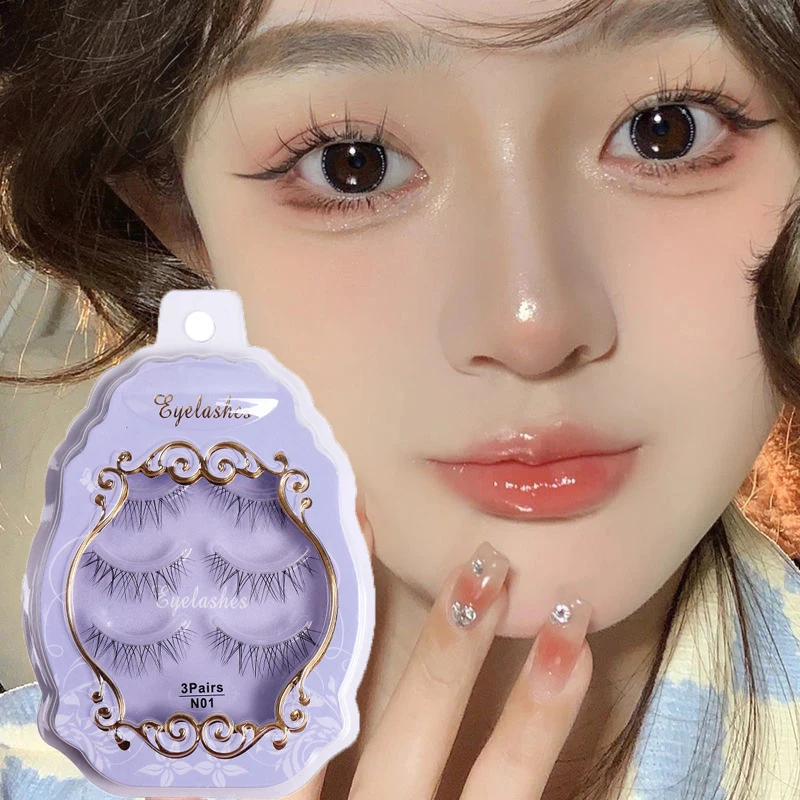 3 Paar kleine Teufel natürliche falsche Wimpern mit klarem Stiel große Augen Wimpern verlängerung voller Streifen falsche Wimpern für das tägliche Make-up