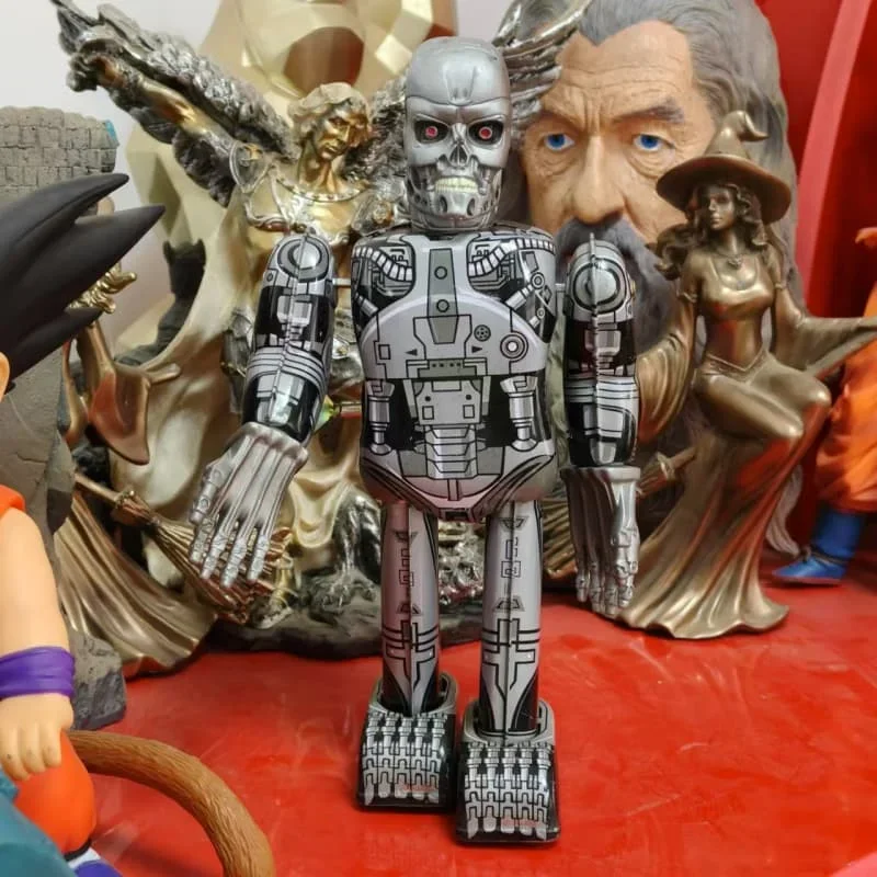 [Engraçado] coleção clássica retro clockwork wind up metal andando estanho terminator robô brinquedo mecânico crianças presente de natal