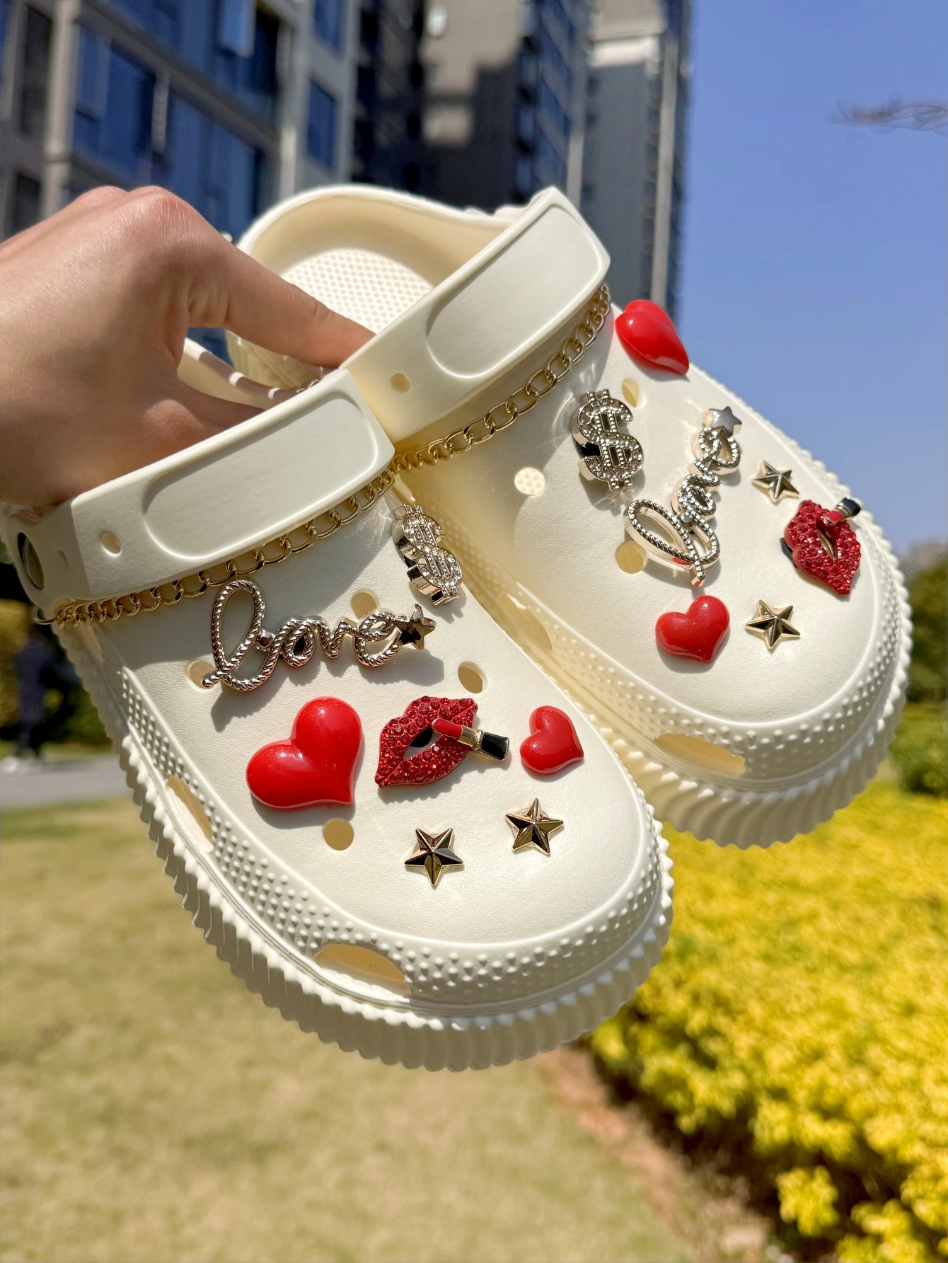 16pcs Set DIY Detachable Shoe Charms - Red Alloy Lipstick Heart Dollar Love Star Designs Perfect Gift for Shoe Accessories