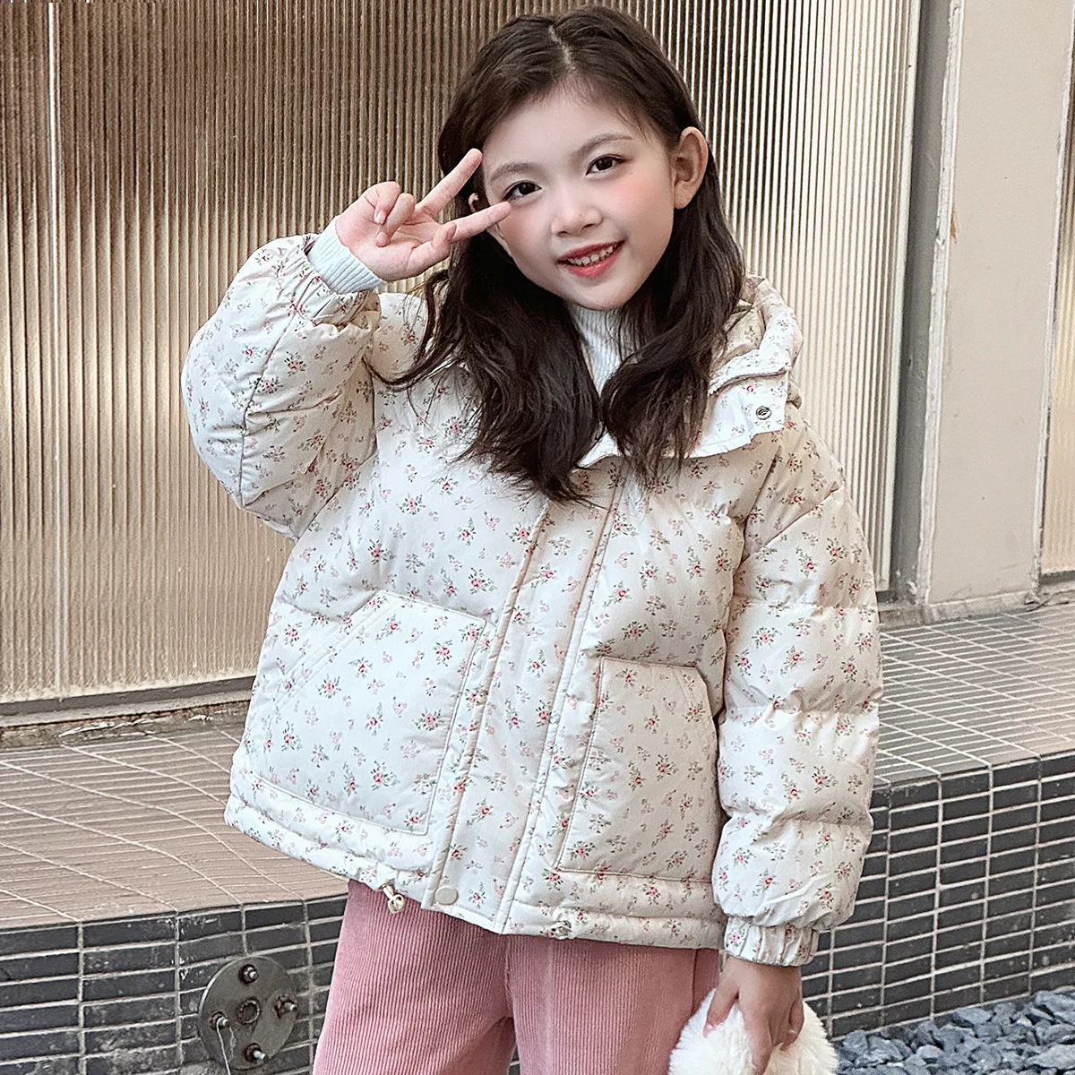 Girls Floral Cotton Hooded Zipper Coat Children Winter Clothing Thickened Baby Cotton-padded Jacket Kids Parkas