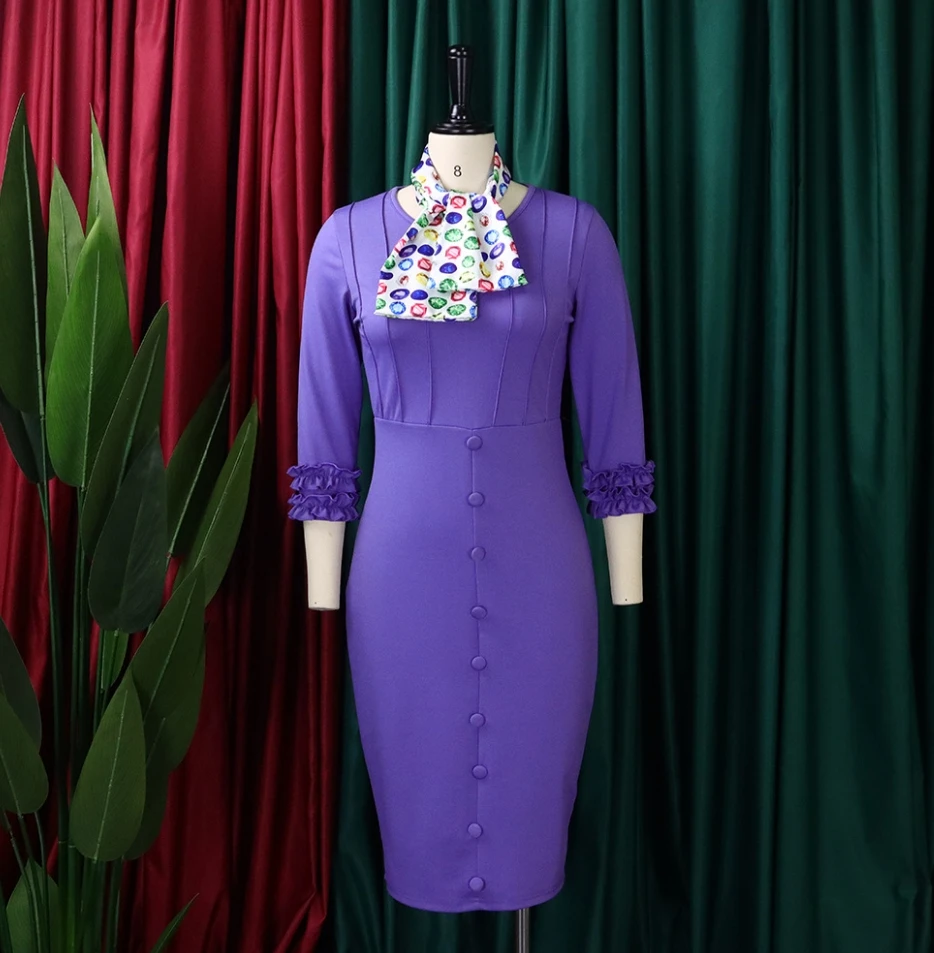 Fashion gaun wanita musim semi 2024 gaun syal komuter elegan warna Solid kancing manset kelopak bungkus pinggul gaun pensil Bodycon