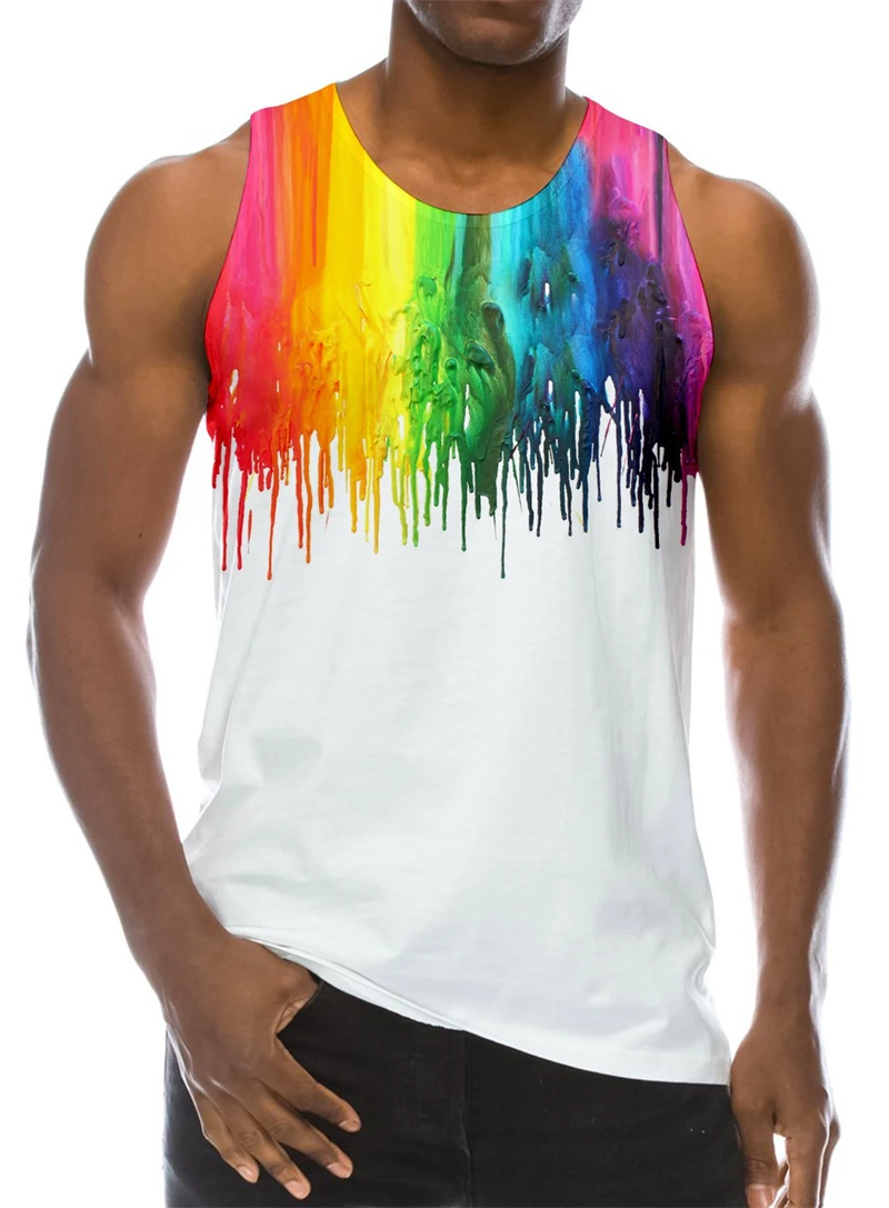 New Rainbow Paint Splatter 3D Printed Graffiti Men's Tank Tops Men Hip Hop Casual O-Neck Vest Streetwear Oversized Tops Tees