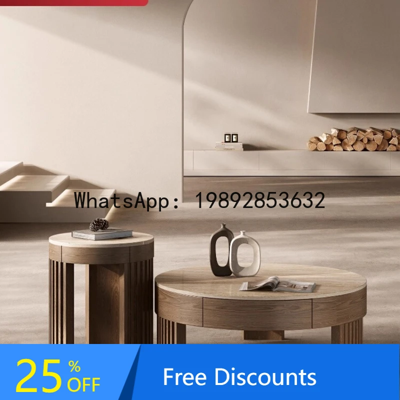 

Natural Travertine Coffee Table Round Living Room Household Marble Coffee Table Set