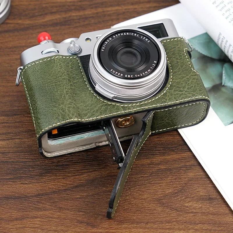 لكاميرا Fujifilm X100VI Fuji X100VI نصف حافظة جلدية من صنع الإنسان مفتوحة مع حزام الكتف حامي الكاميرا اللوح الأساسي