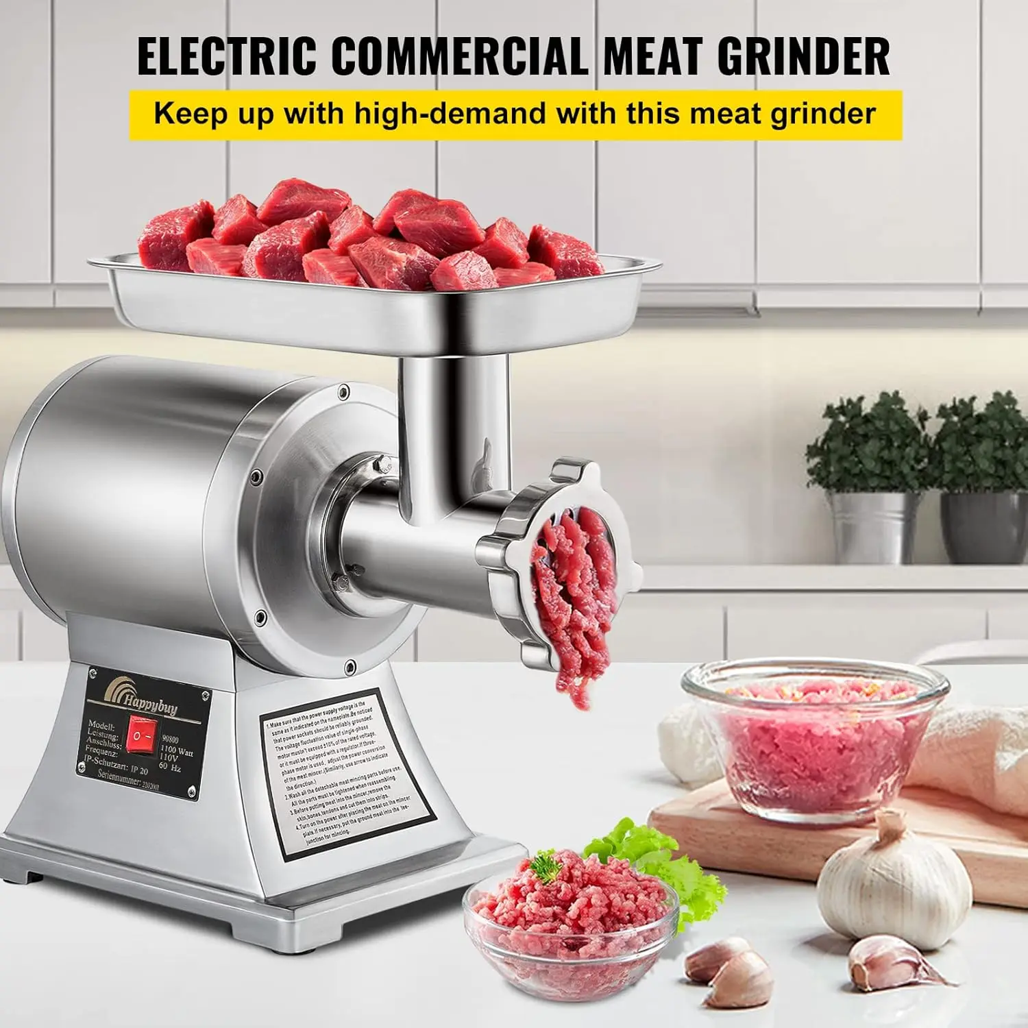 Commercial Meat Grinder,550LB/h 1100W, 220 RPM Heavy Duty Stainless Steel Industrial Meat Mincer w/2 Blades, Grinding P