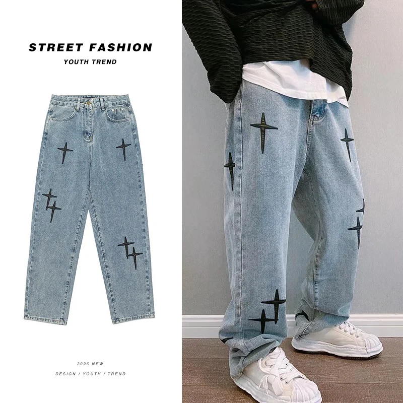 Cross-Design Mode-Jeans Herren Streetwear Hip-Hop Tanz Rock Baggy Denim-Hosen Weites Bein Lose Koreanische Blaue Freizeithosen