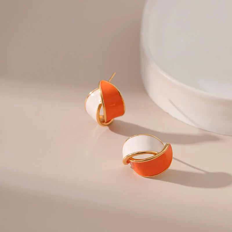 Irregular French Drip Earrings Fashion Color Block 18k Gold Plated Orange Stud Earrings For Young Girls Blue Temperament Jewelry