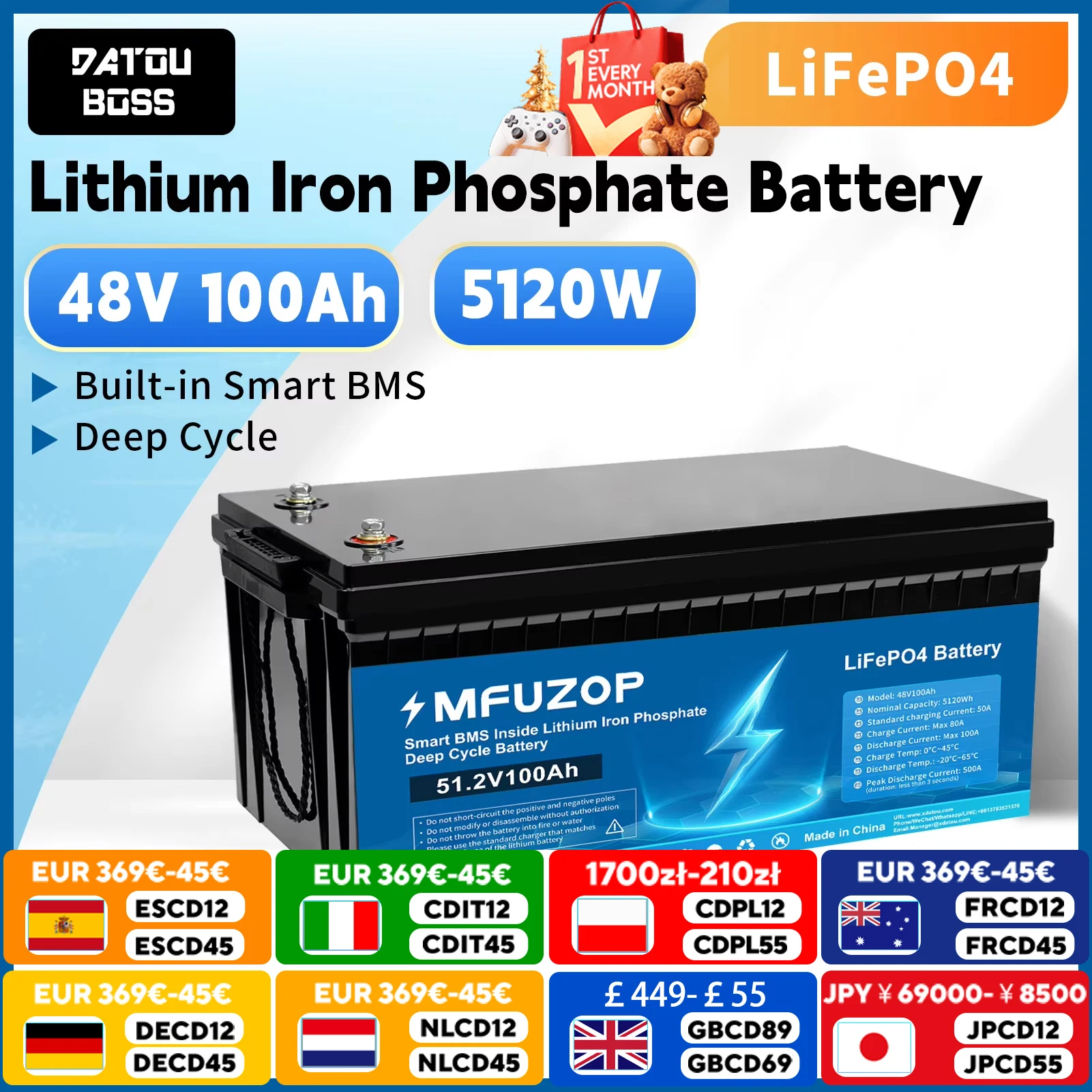 

DATOUBOSS 48V LiFePO4 Battery 100Ah 5120W Lithium Iron Phosphate Battery Built-in BMS For Solar Boat Outdoor NoTax Fast Shipping