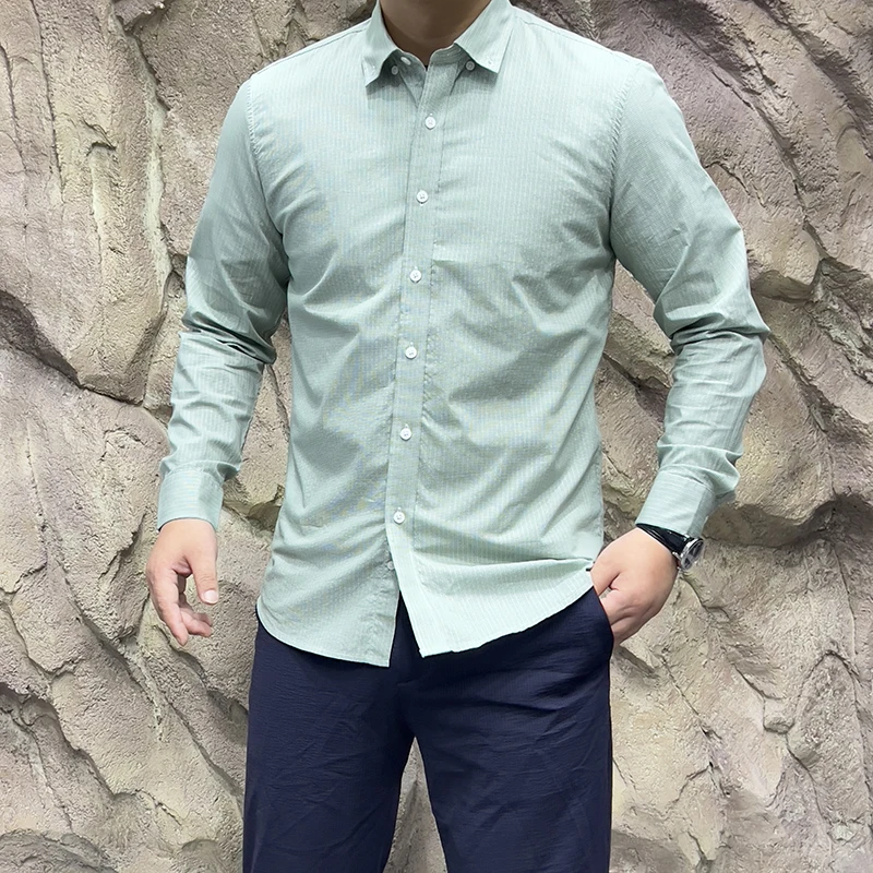 Waed puro algodão longo sve masculino irt primavera outono novo sle busin listra na moda respirável suporte ajuste uso diário