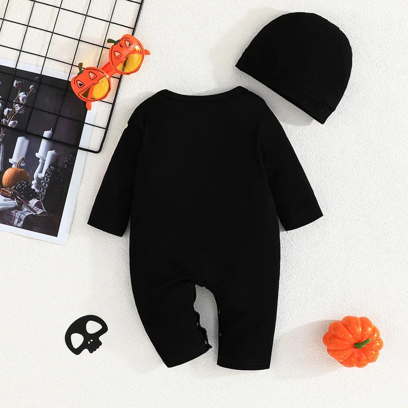 2024-06-12 Lioraitiin 0-18M Baby 2Pcs Halloween Outfits Long Sleeve O-Neck Skeleton Print Jumpsuit with Hat Set Infant Clothes