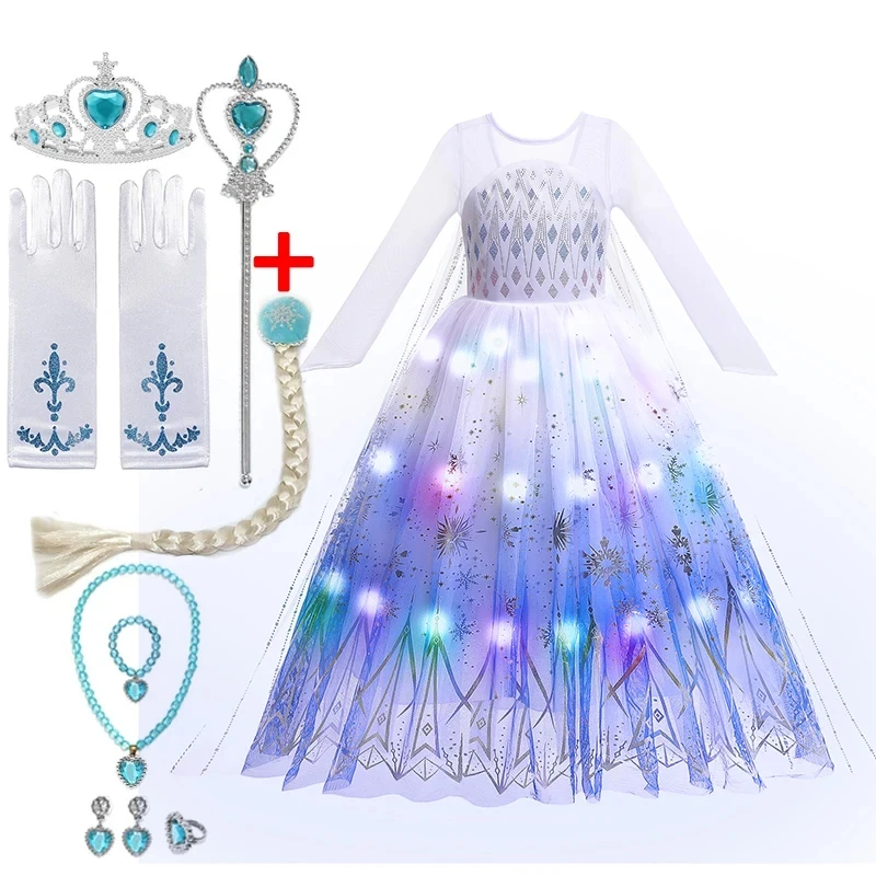 LED Light Frozen 2 Elsa Anna for Girls Kids Halloween Cosplay Costumes 2024 Party Prom Gown Robe Play Clothes Princess Dresses