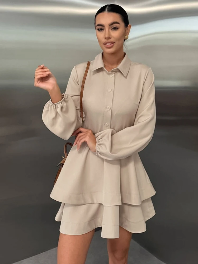 Trendix Mini abiti retrò eleganti solidi Colletto della camicia alla moda Bottoni patchwork Abiti corti Abito casual vintage con volant