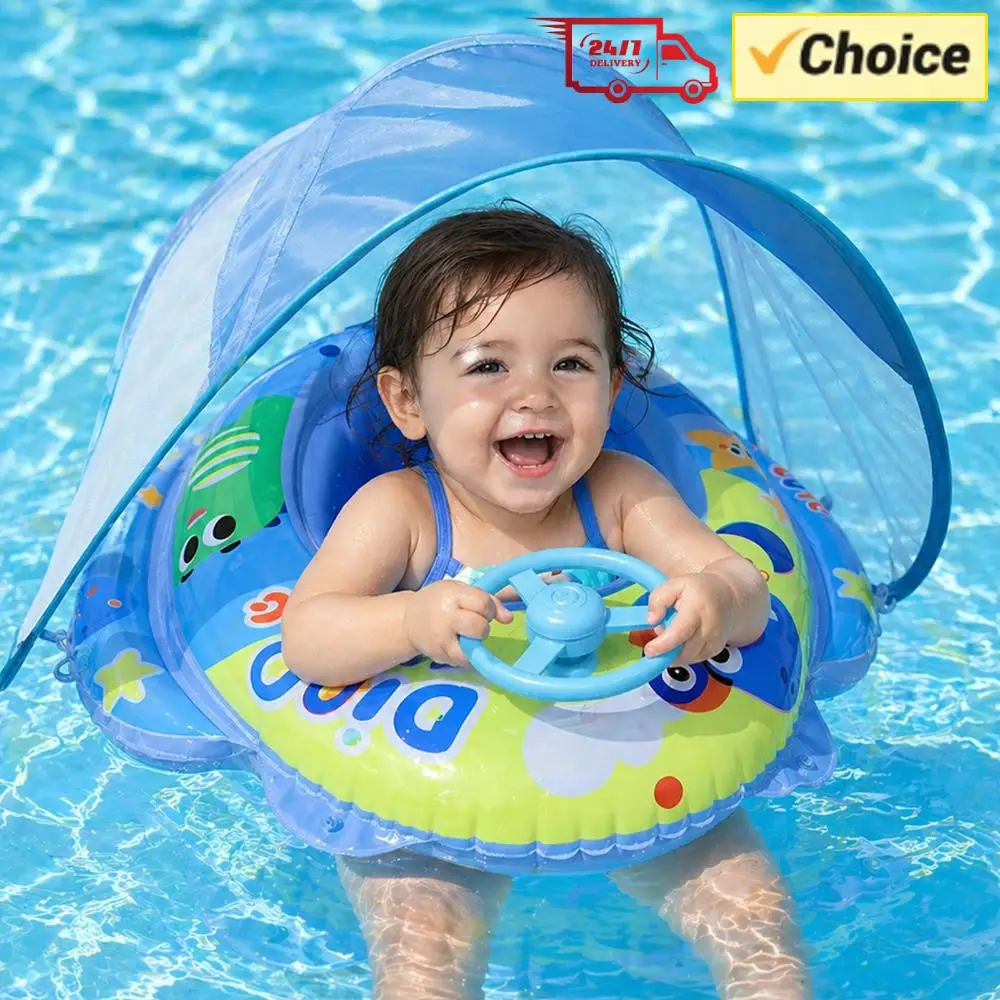 

Kids Swimming Pool Float Cute Car Design Kids Toddler Inflatable Summer Beach Floatie Boat Swim Tube Ring with Canopy Safety PVC