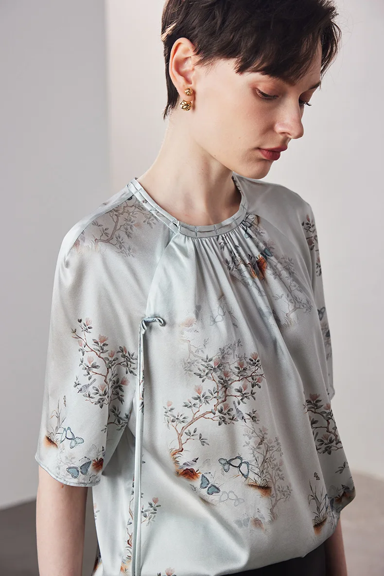 90% Natural Silk 10% Spandex Women's Blouse Printed Half Sleeves Elegant Fashion Blouse Tops