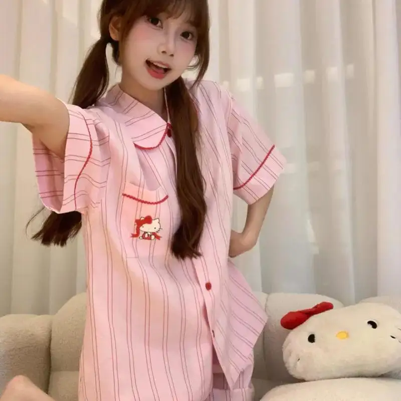 2 قطعة سانريو المرأة الحلو منامة مجموعة مرحبا كيتي منامة مجموعة Kawaii شريط منامة مجموعة الصيف قصيرة الأكمام السراويل ملابس المنزل