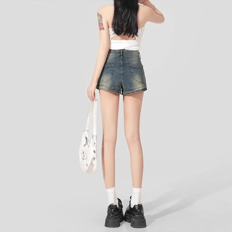 

American Retro High Waist Denim Super Short Shorts Women's Small Size Elastic Sexy Tight Slim A-Line Arm Wrap Hot Pants Summer
