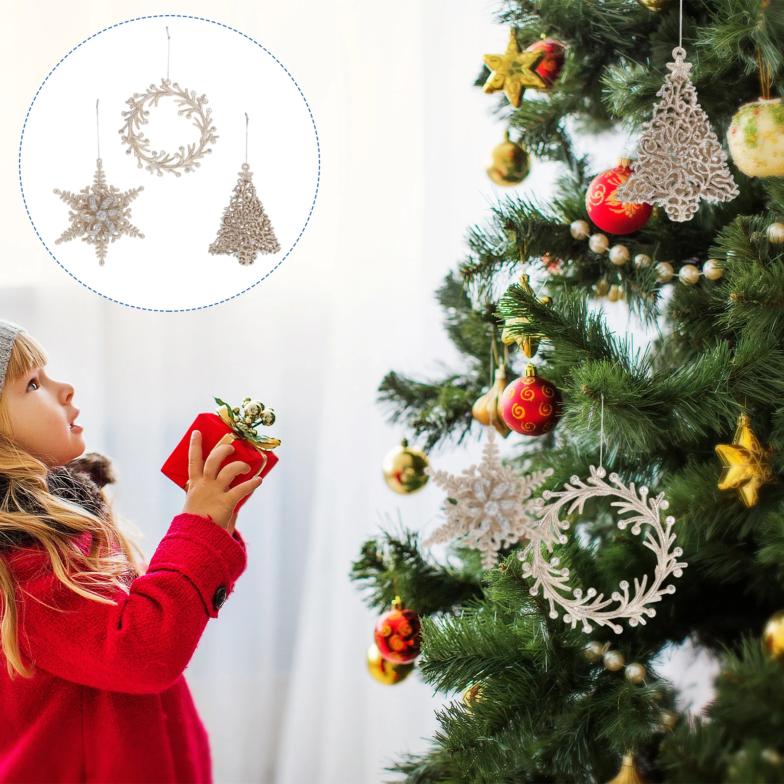 

3pcs Christmas Glitter Pendants Garland Snowflake Tree Decorations Mini Hanging Ornaments For Home Window Party Diy