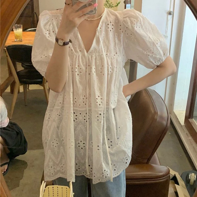 Rimocy Korean Fashion Loose White Shirt Women Summer Puff Sleeve Lace Hollow Out Mini Dress Woman V Neck Chic Blouse Female