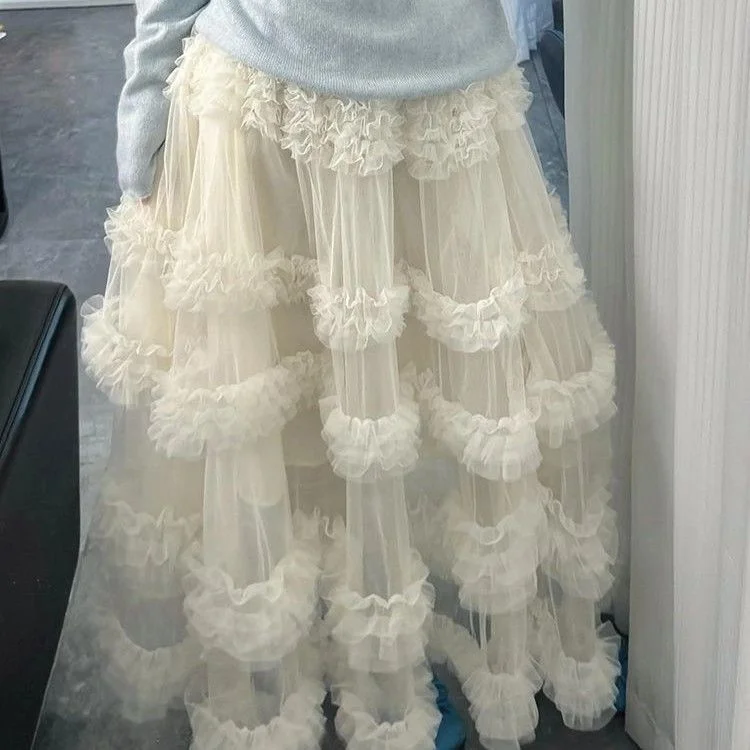 Spring Summer White Fairy Tale Layered Tulle Cake Skirt Women's Heavy Embellished Puffy Half-length Skirt Casual Style