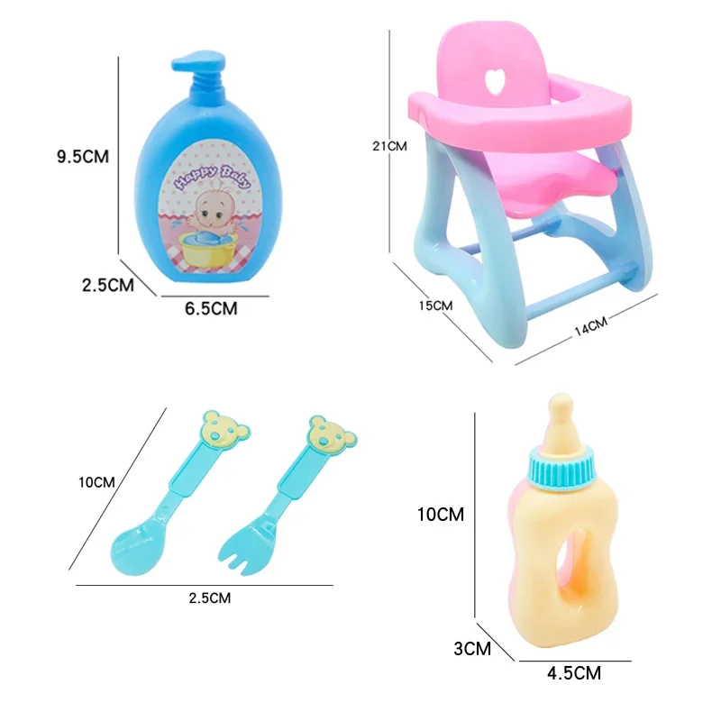 9 Inches Baby Dolls Realistic Girl\'s Doll with Detachable Headwear Big Chair Cutlery Shampoo Milk Bottle 6pcs Cute Doll Playset