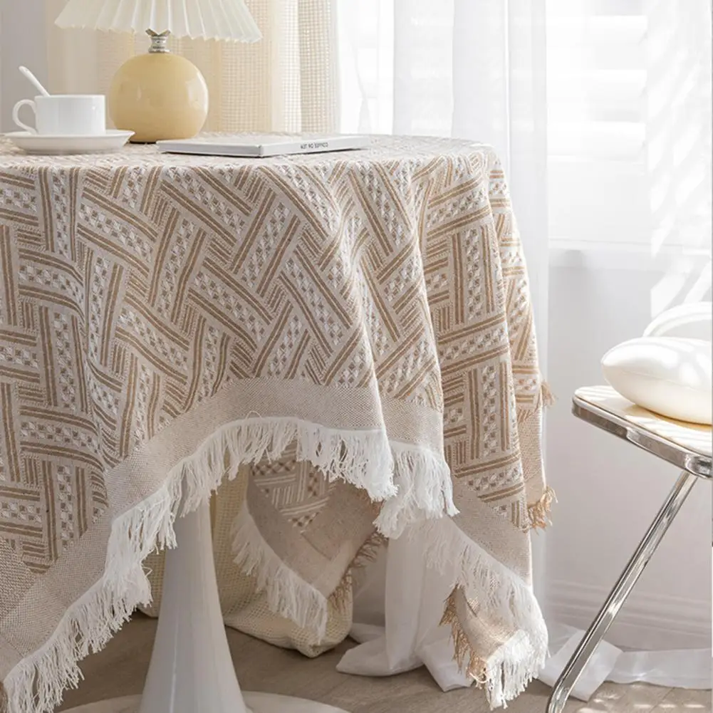90cm Tablecloth Tassel Design Heat Resistant Washable Non Pilling Non-slip Table Cover Plaid Cotton Linen Round For Dining Room