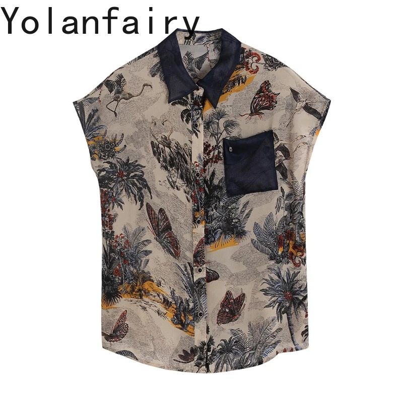 YOLANFAIRY 100% Real Mulberry Silk Shirts for Woman Summer Korean Printed Women Shirt Short Sleeve Tops Casual Blouses Women