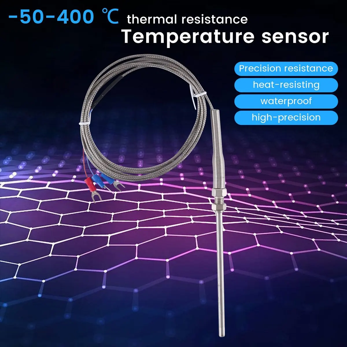 DT270~Steel Temperature Probe Pt100 RTD Sensor Cable 2M 98 mm 3 Wires -50 ~ 400 Celsius
