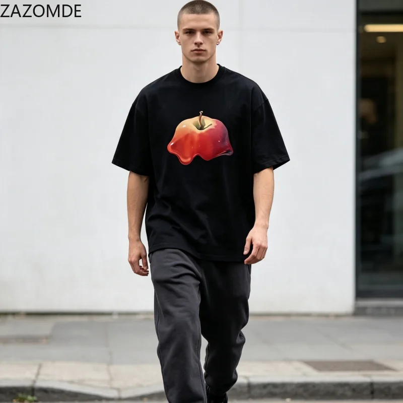ZAZOMDE Retro American Melted Apple Graphic Tee Classic Fruit Print Loose Cotton Short Sleeve Casual Daily Wear T-Shirt 2026