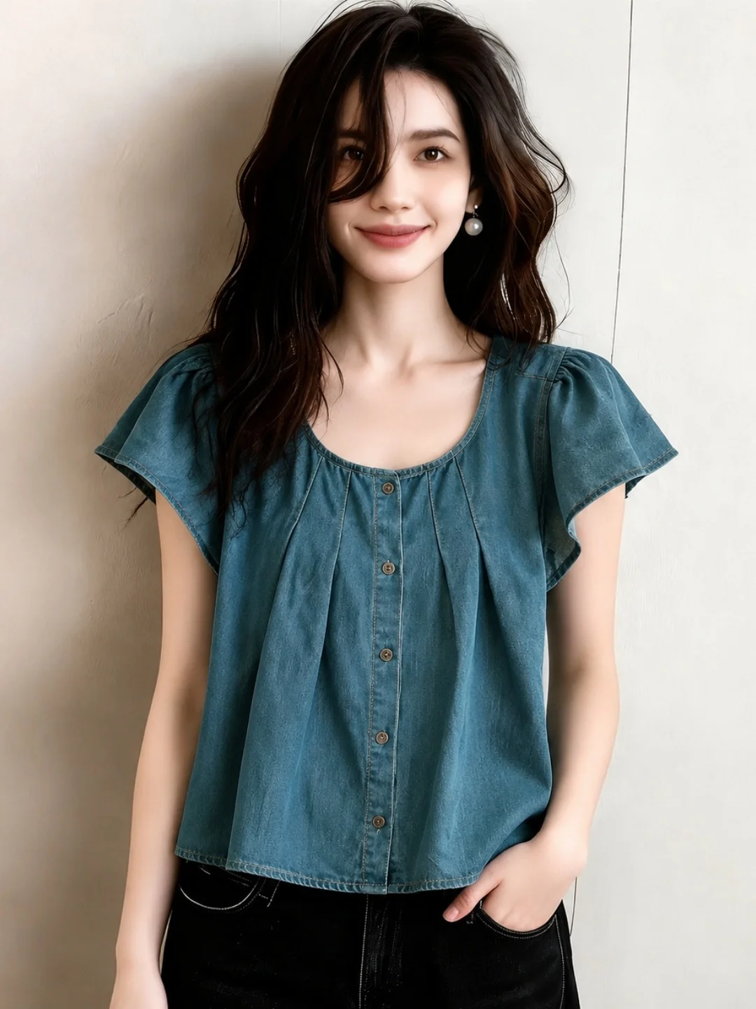 

Casual Loose Fit Shirt Summer 2026 Square Collar Pleated Fashionable Sleeve Design Comfortable Versatile Top for plus Size Women