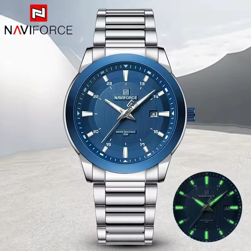 NAVIFORCE New Luxury Men's Quartz Wristwatch Stainless Steel Band Fashion Sports Watch Waterproof with Date Display for Men