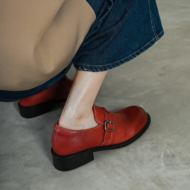New 2026 Autumn Vintage Natural Leather Women's Pumps Round Toe Belt Dec Low Heel Casual Shoes Young Girls Comfort Retro Pumps view 3