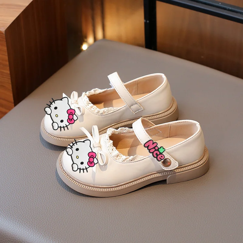 

Sanrio hello kitty/206, весенне-осенне-летние детские кожаные туфли с бантом, сандалии для девочек на мягкой подошве, детская повседневная обувь на липучке