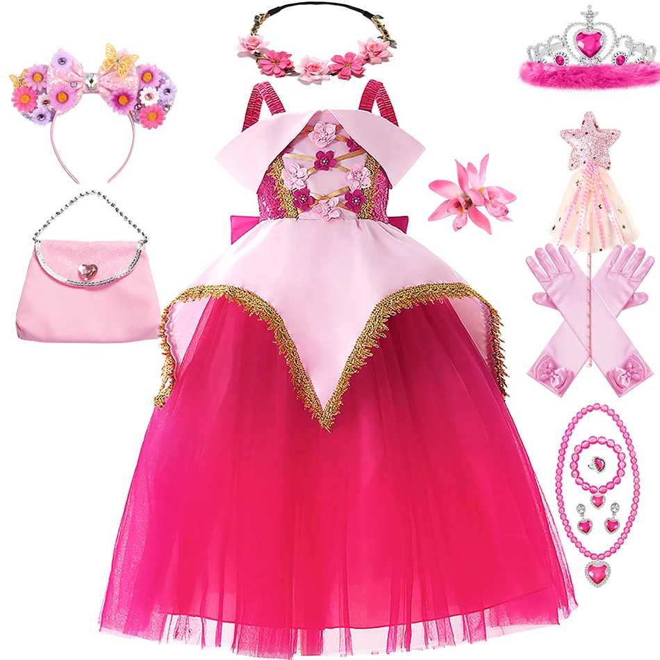 

Sling Sleeping Beauty Dress Flower Applique Bow Princess Costume Girl Aurora Cosplay Clothes 2-10 Yrs Kid Stage Performance Sets