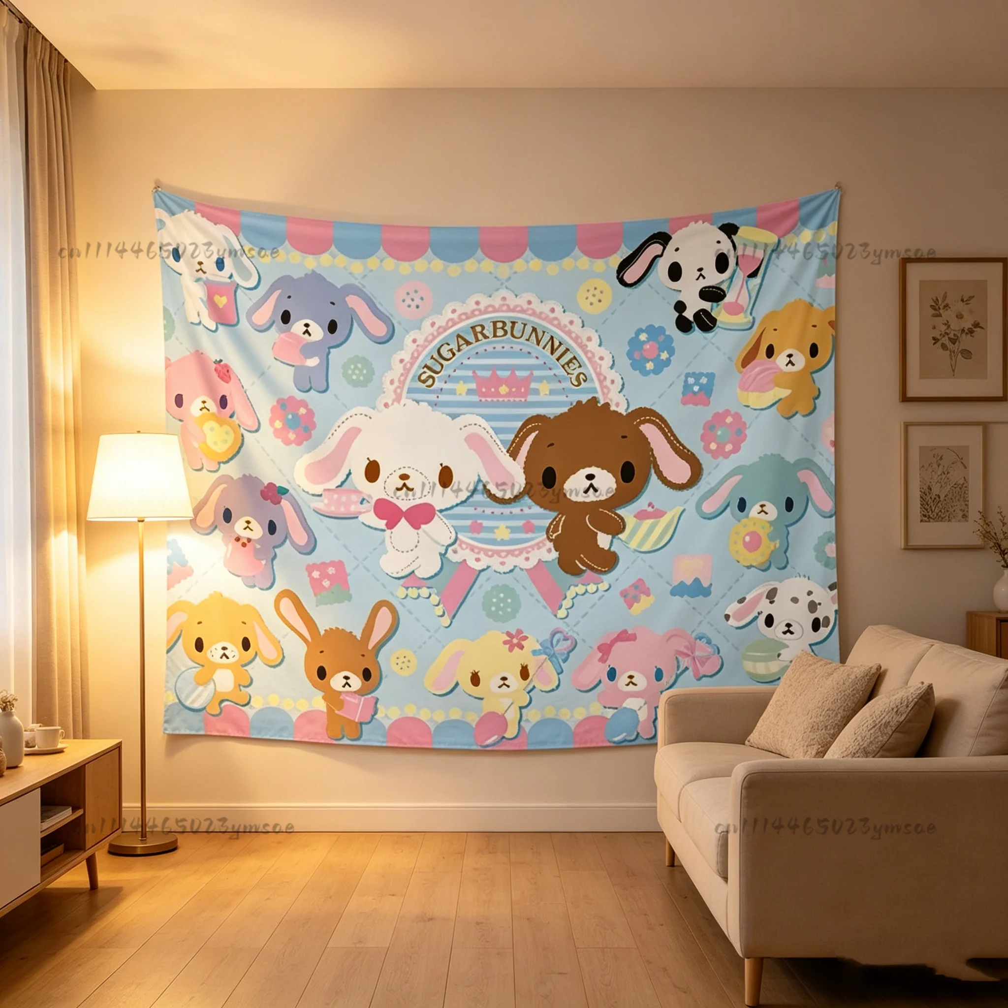 Niedlicher rosa Koch-Tier-Cartoon-Wandteppich, Kawaii-Wandbehang, Hintergrundtuch für Mädchenzimmer, Schlafsaal, Cartoon-Flagge, Dekoration – Detail 3