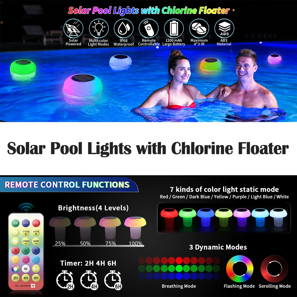 Solar Pool Lights with Disinfection Box Remote Control, Adjustable Dispenser IP68 Waterproof RGB Color Solar Garden Lights