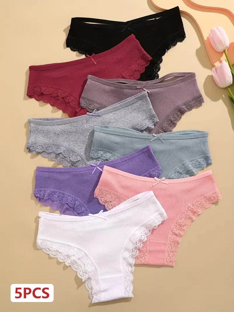Calzoncillos a rayas de algodón para mujer, ropa interior Sexy de encaje con cinturón cruzado, bragas brasileñas de cintura baja, lencería transpirable, calzoncillos con lazo, 5 uds.