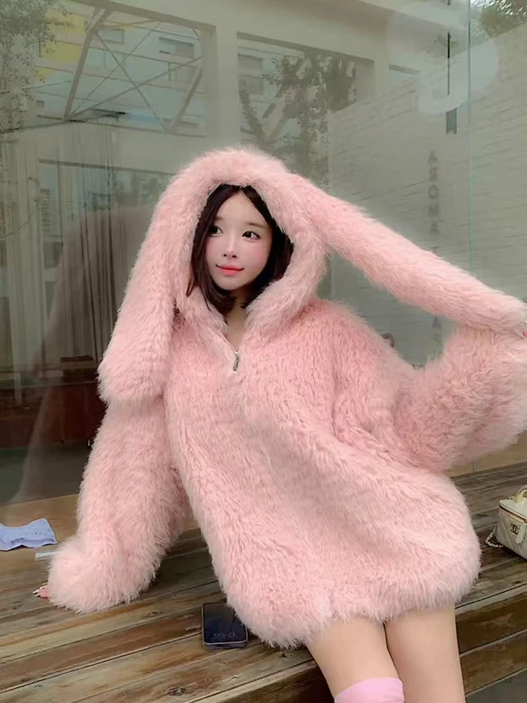Winter Faux Lamb Fur Coats for Women Fashion Thick Warm Cute Rabbit Hooded Jacket Y2K Korean Elegant Loose Soft Outerwear new