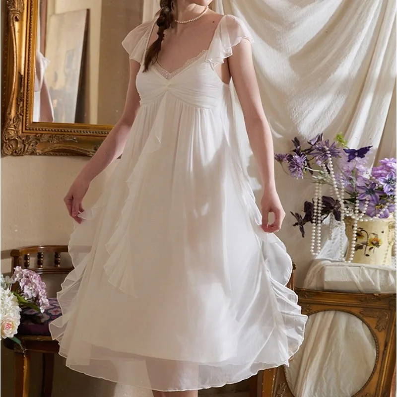 Suspender Nightdress with Chest Pad Kink Design Irregular Ruffle Edge Pajamas Long Skirt Princess Style Loungewear