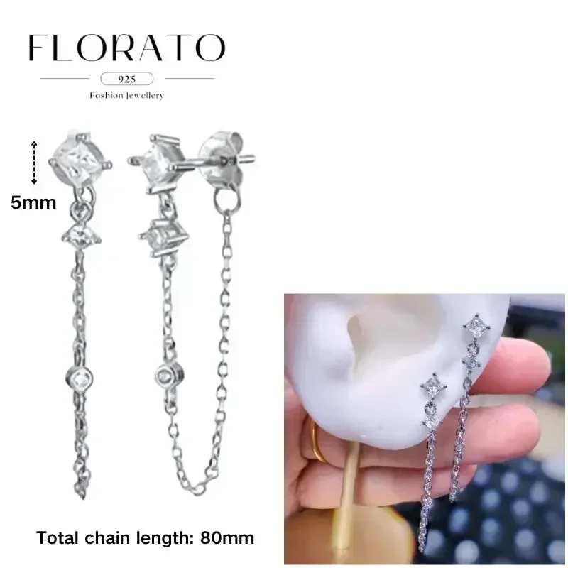 FLORATO 925 Sterling Silber Ohrringe mit Kettenquasten-Anhänger, Zirkon-Silberohrringe für Damen, Trendiger Luxus-Hochzeitsschmuck