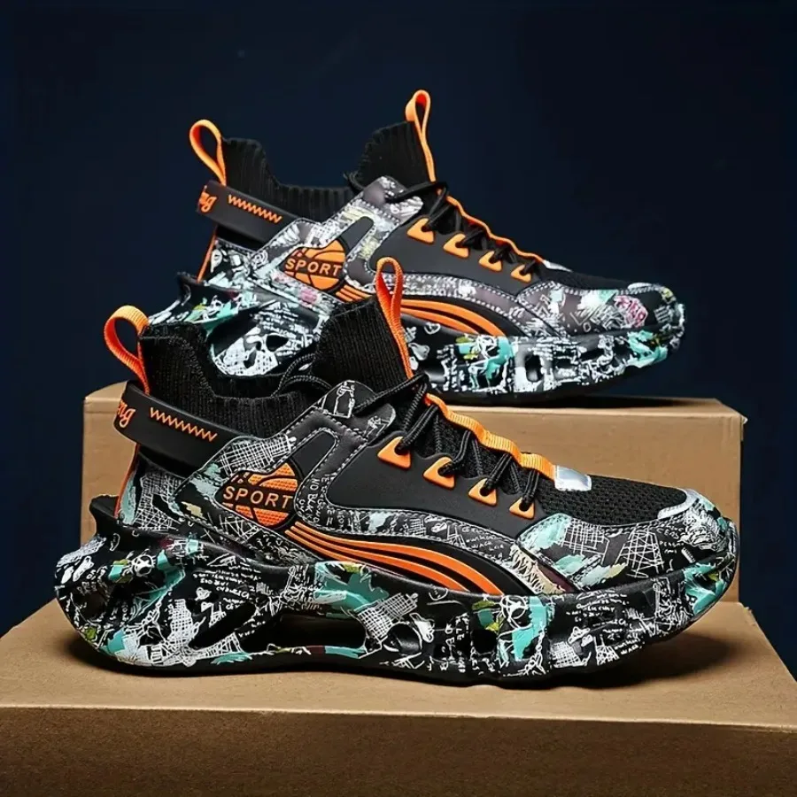 

Men's Lace-up Graffiti Trendy Blade Type Sneakers - Shock-absorbing And Breathable - Running Shoes
