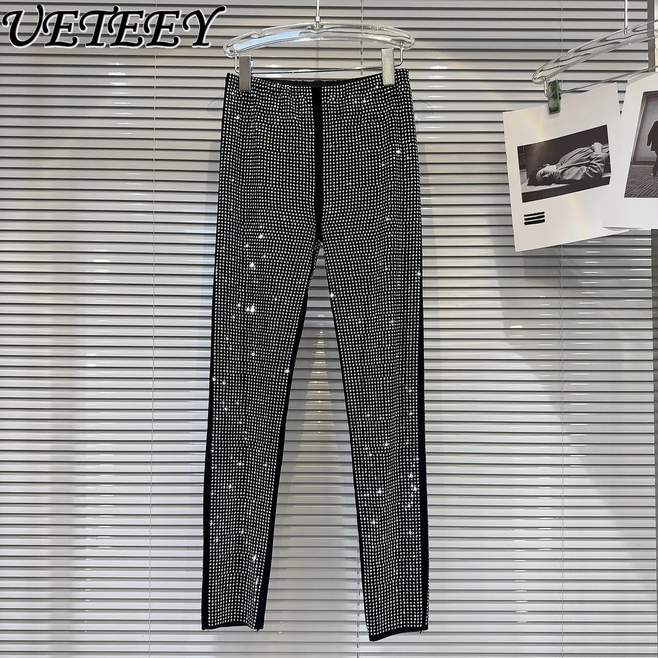 Women's Black Skinny Bottoming Pants 2023 Winter New Non-Mainstream Style Female Rhinestone Slim Slimming Hot Girl Leggings