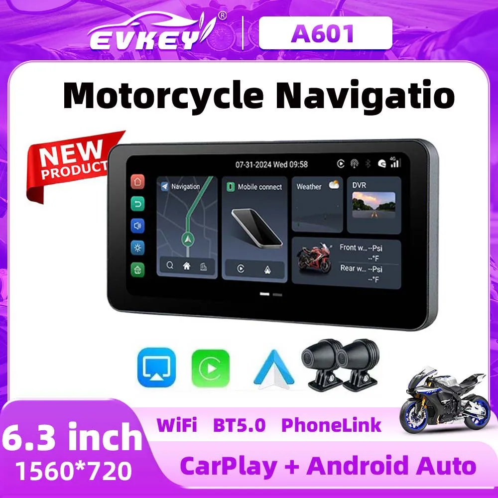 EKIY 6.3” Android 12 Portable A601 Motorcycle DVR LCD Display Wireless CarPlay Android Auto Front Rear Cam GPS IPX7